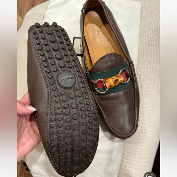 GUCCI LOAFER LETHER DARK BROWN WEB BAMBOO SLIP ON LOAFER SIZE 38 - Picture 6 of 9